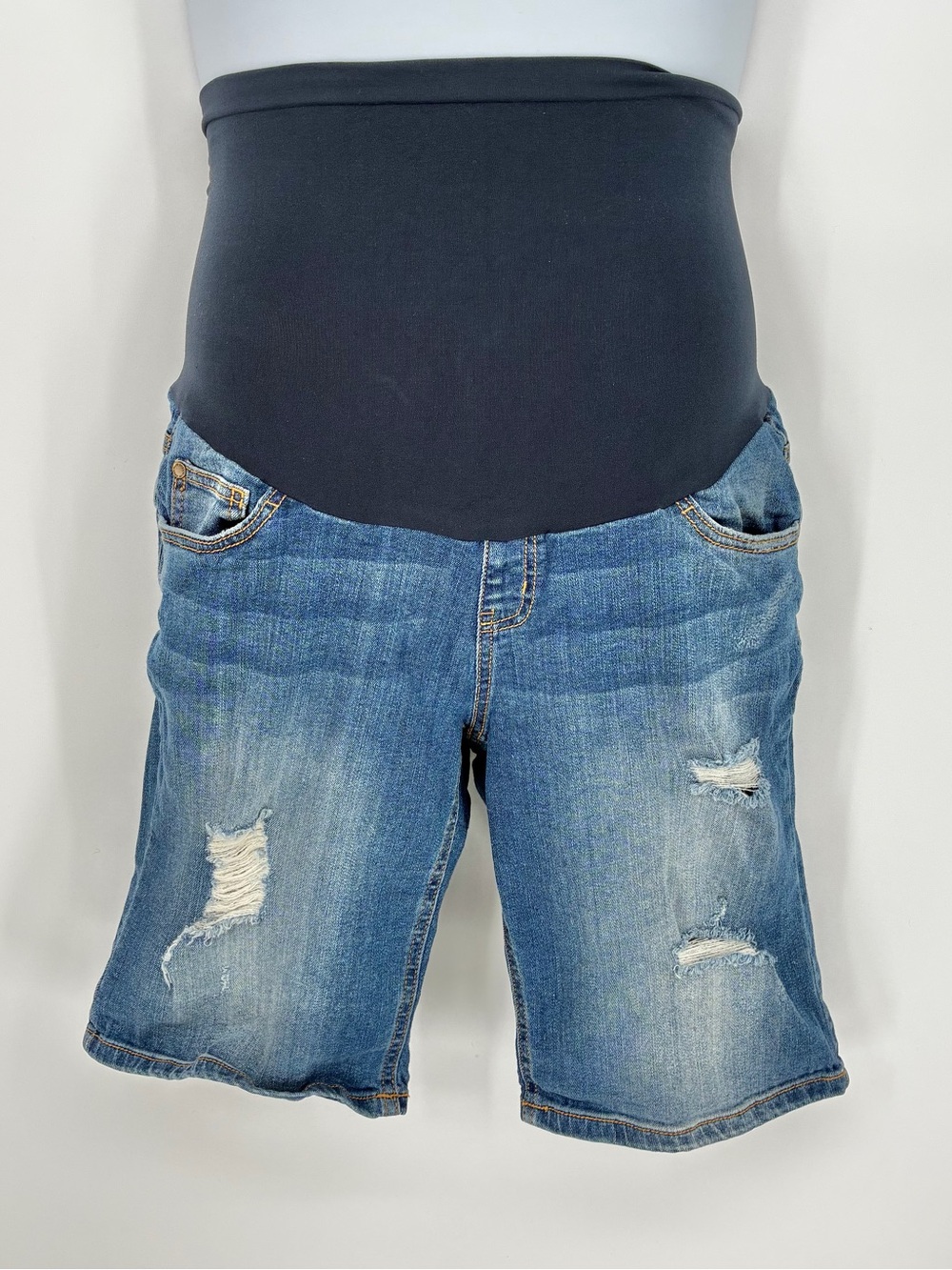 Indigo Blue Distressed Denim Bermuda Maternity Shorts Size M Full Belly Panel - Picture 1 of 9